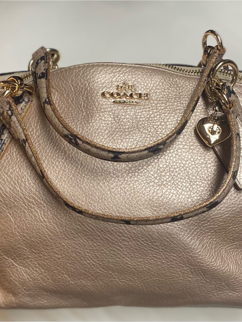 Coach Kelsey Satchel  Metallic Platinum/Gold Leather Bag with Reptile Trim - Picture 14 of 14